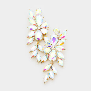 AB crystal marquise statement earrings on gold with a cascading arrangement of faceted marquise stones, displayed on a white background.