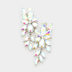 AB crystal marquise statement earrings on silver with a cascading arrangement of faceted marquise stones, displayed on a white background.