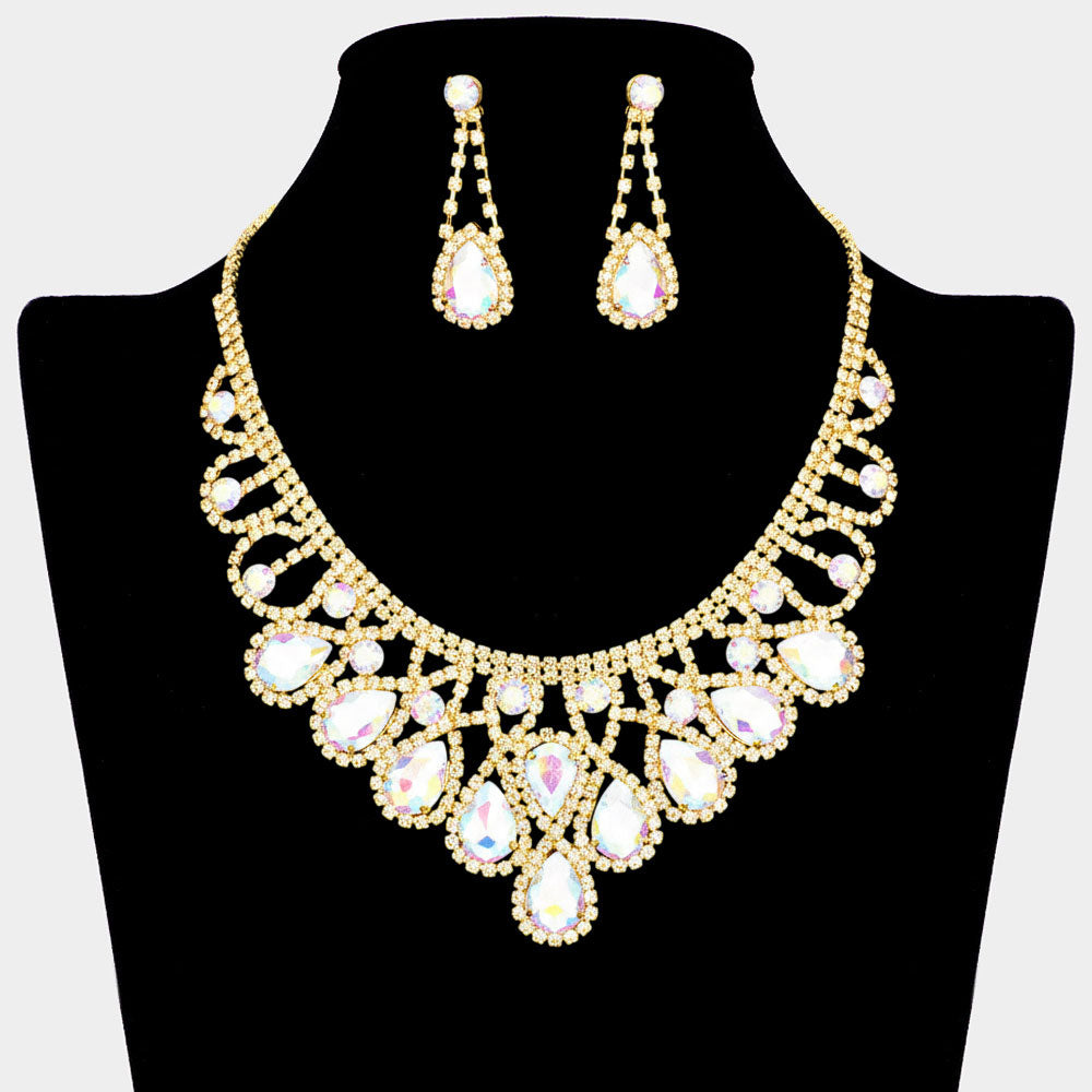 AB crystal teardrop and rhinestone prom necklace set on gold displayed on black mannequin necklace bust
