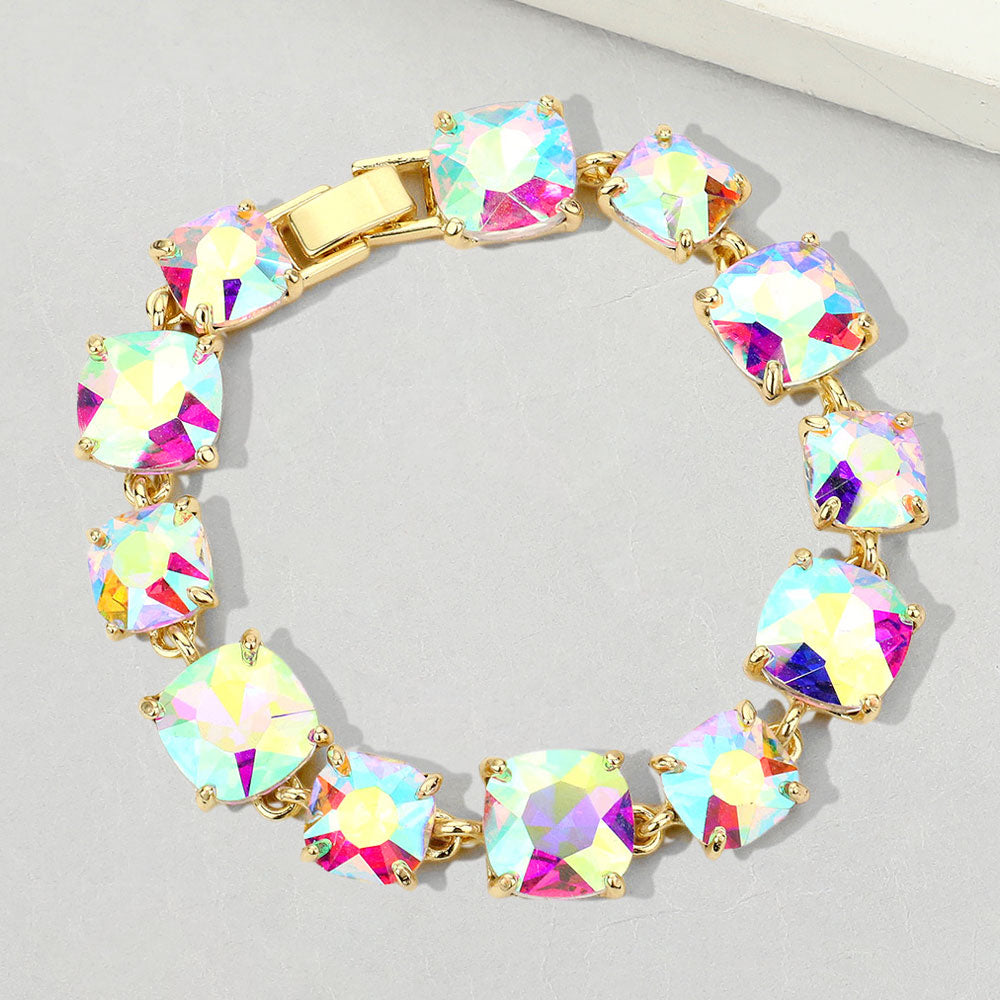 AB Cushion Square Stone Link Bracelet Gold Backed on a white background