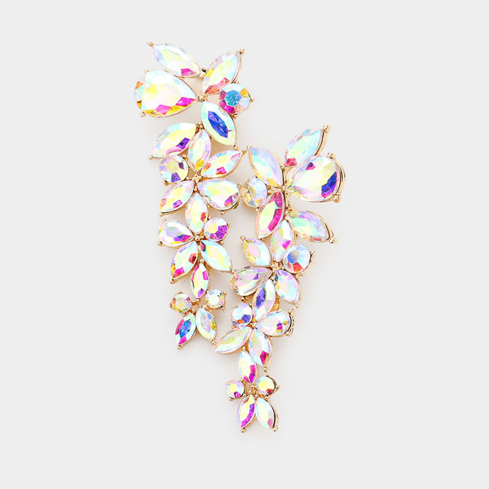 AB Aurora Borealis floral multi stone drop earrings on gold with layered crystal cluster design, 3 inch statement earrings on a white background