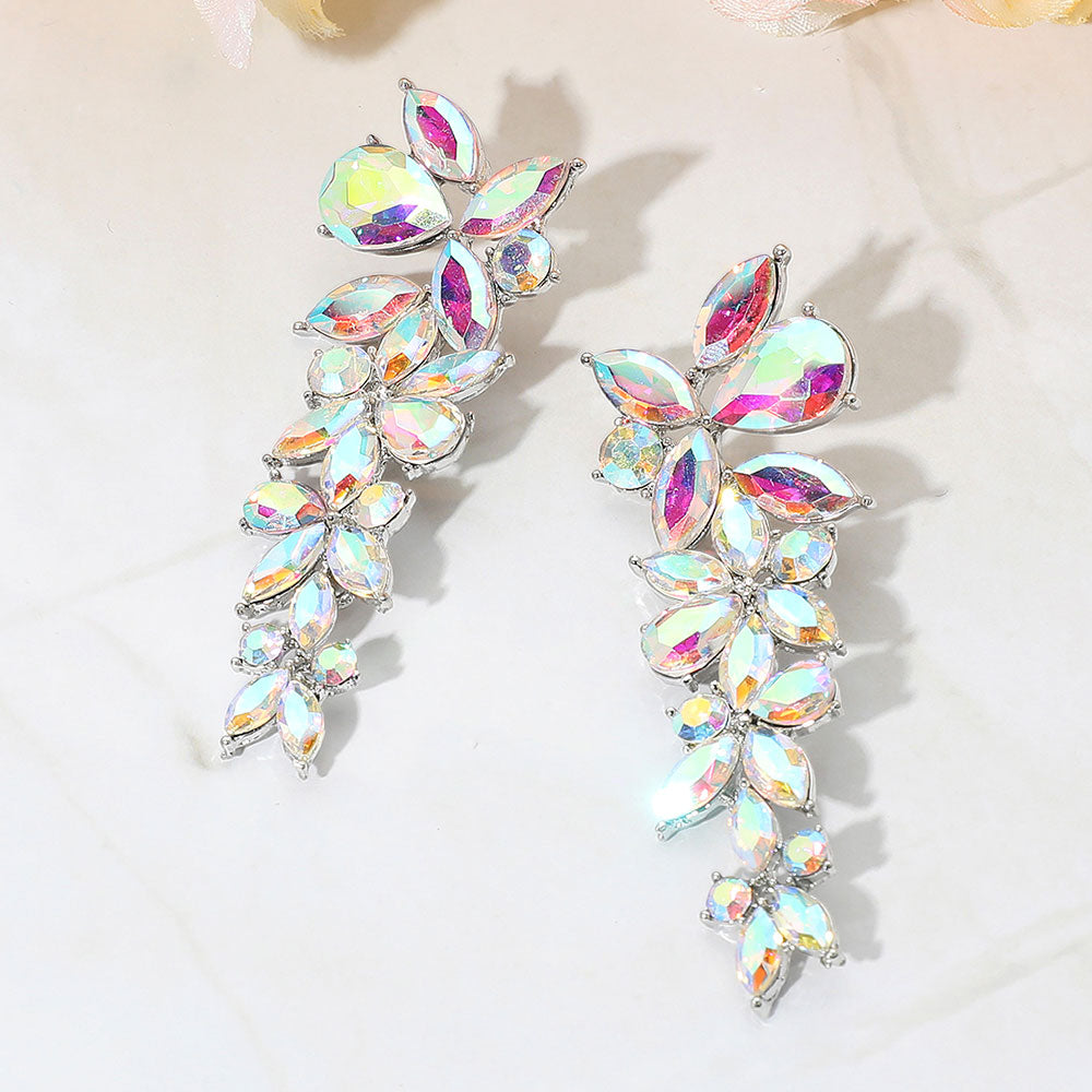 AB Aurora Borealis floral multi stone drop earrings on silver with layered crystal cluster design, 3 inch statement earrings on a white background