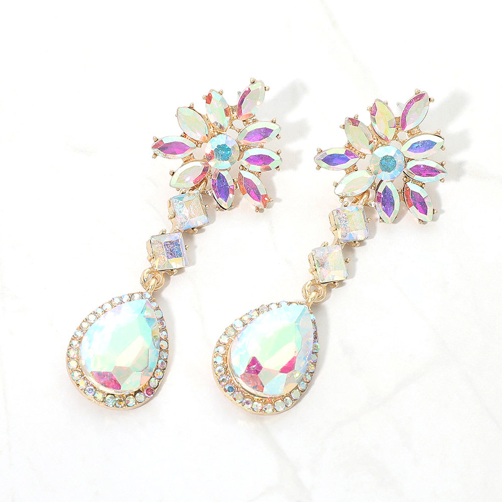 Aurora Borealis AB crystal flower teardrop earrings in a gold finish featuring marquise crystal flower tops and large faceted iridescent teardrop drops, displayed on a white background.