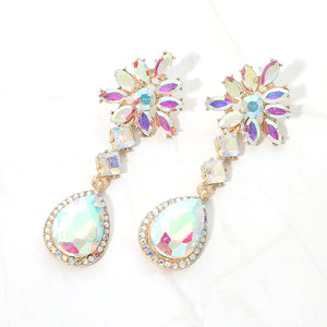 Aurora Borealis AB crystal flower teardrop earrings in a gold finish featuring marquise crystal flower tops and large faceted iridescent teardrop drops, displayed on a white background.