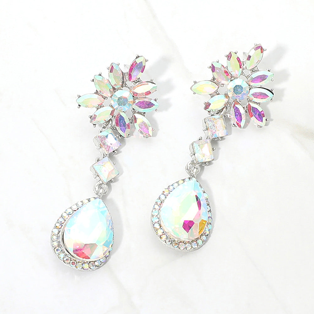 Aurora Borealis AB crystal flower teardrop earrings in a silver finish featuring marquise crystal flower tops and large faceted iridescent teardrop drops, displayed on a white background.