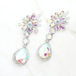 Aurora Borealis AB crystal flower teardrop earrings in a silver finish featuring marquise crystal flower tops and large faceted iridescent teardrop drops, displayed on a white background.
