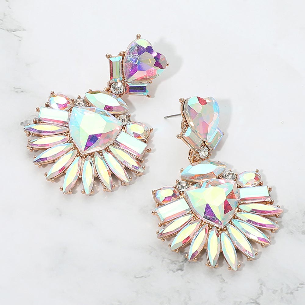 AB Heart Crystal Fan pageant and prom earrings on gold displayed on a white marble background