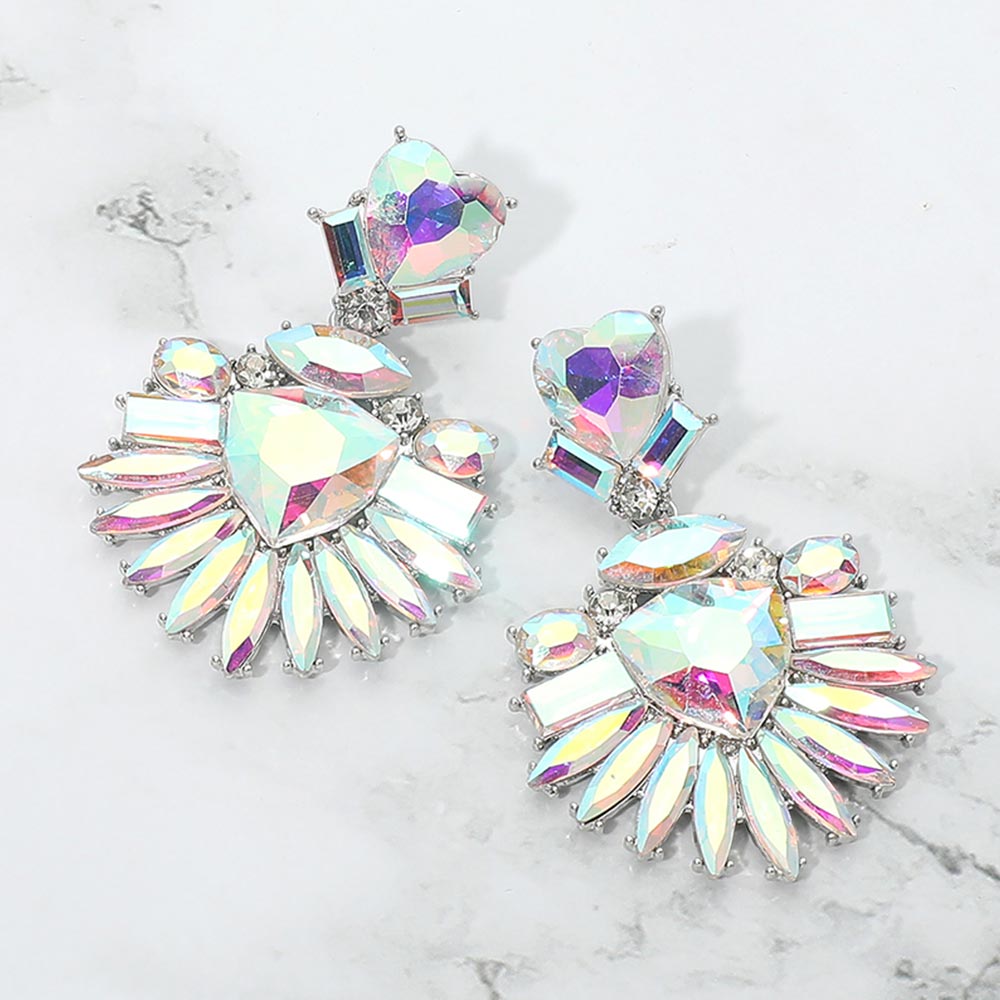 AB Heart Crystal Fan pageant and prom earrings on silver displayed on a white marble background