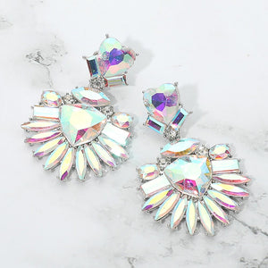 AB Heart Crystal Fan pageant and prom earrings on silver displayed on a white marble background