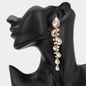 AB long teardrop stone cluster drop evening earrings on gold on a black mannequin ear