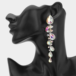 AB long teardrop stone cluster drop evening earrings on silver on a black mannequin ear
