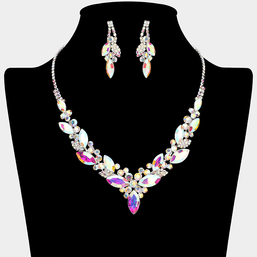 AB marquise crystal cluster statement necklace set with matching earrings on silver, shown on a black mannequin bust on a white background