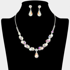 AB marquise pendant necklace set on silver with matching earrings for prom and evening wear on a black mannequin bust on a white background.