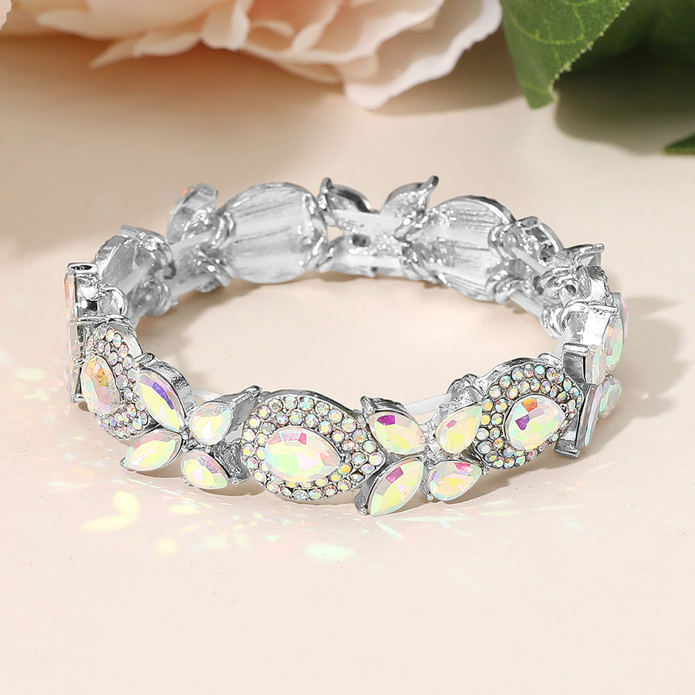 AB crystal marquise stretch bracelet on silver for pageants and stage wear on a peach background