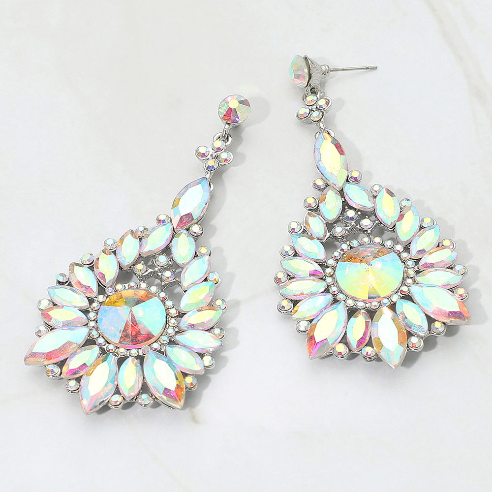 AB marquise and round teardrop statement earrings for prom or pageant wear on a white background
