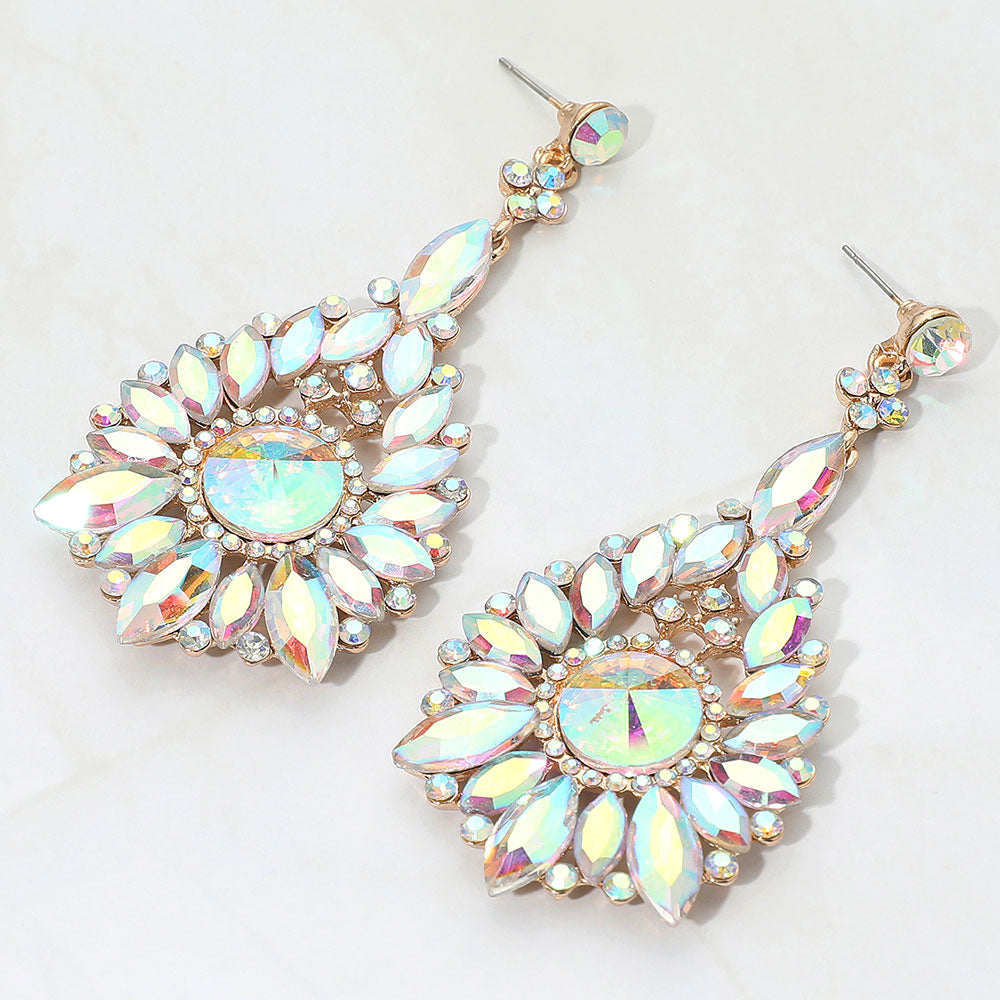 AB on gold marquise and round teardrop earrings for prom or pageant evening wear on a white background