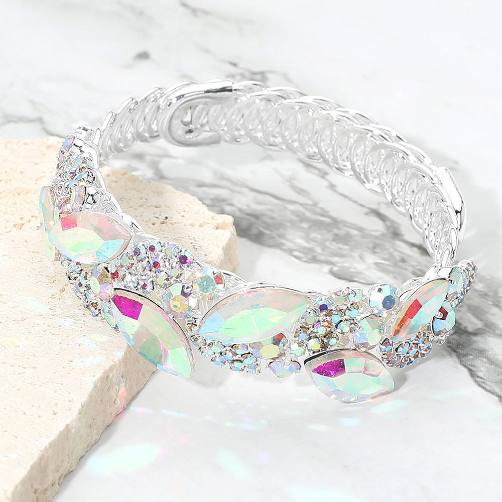 AB marquise stone cluster adjustable bracelet on silver on marble surface