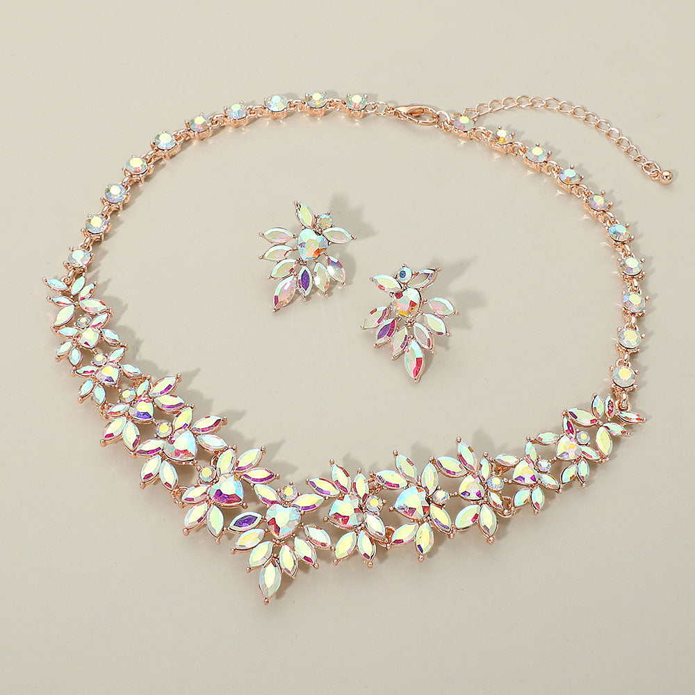 AB iridescent marquise floral statement necklace set on rose gold on a beige background