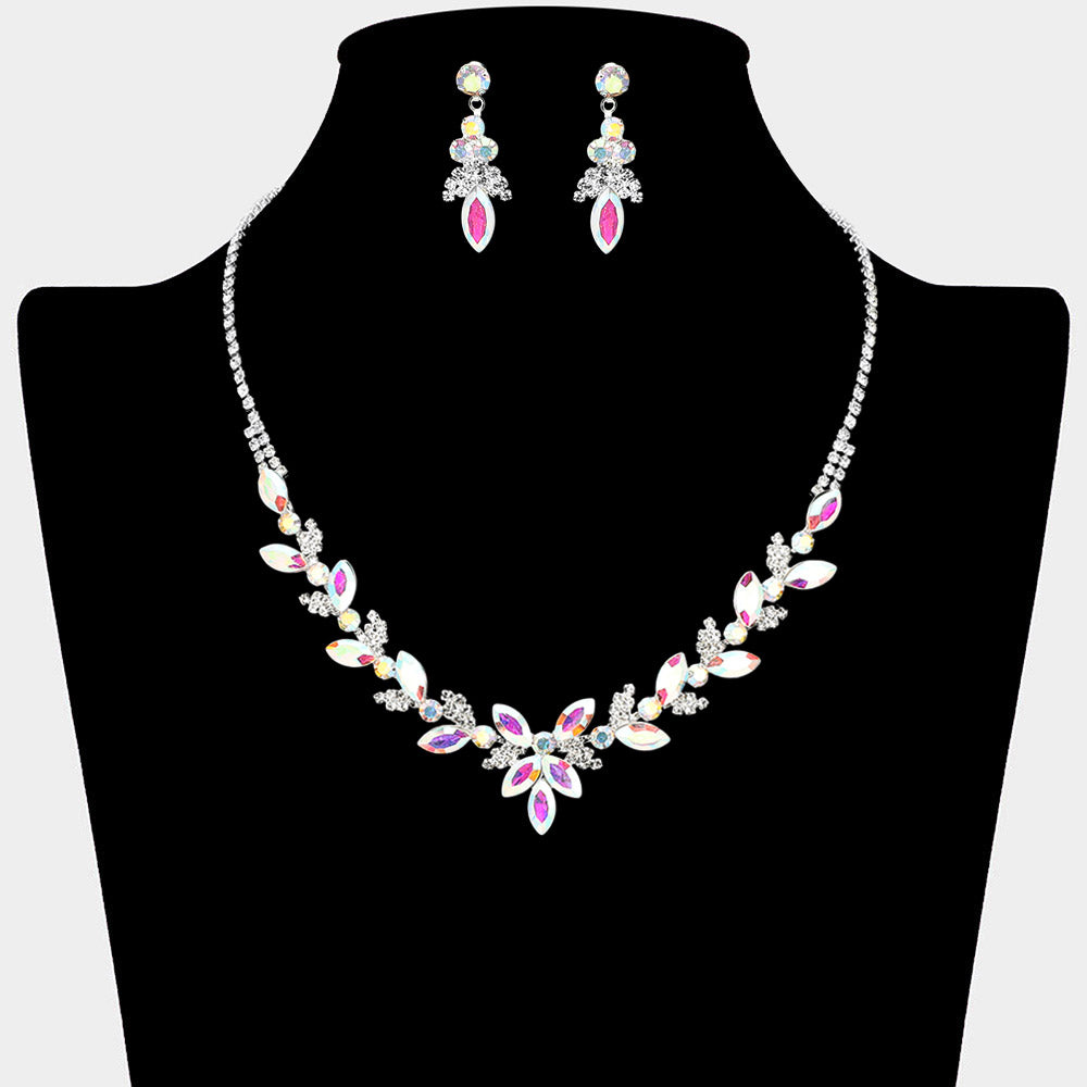 AB marquise floral rhinestone necklace set on silver displayed on black bust background