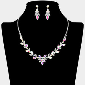 AB marquise floral rhinestone necklace set on silver displayed on black bust background