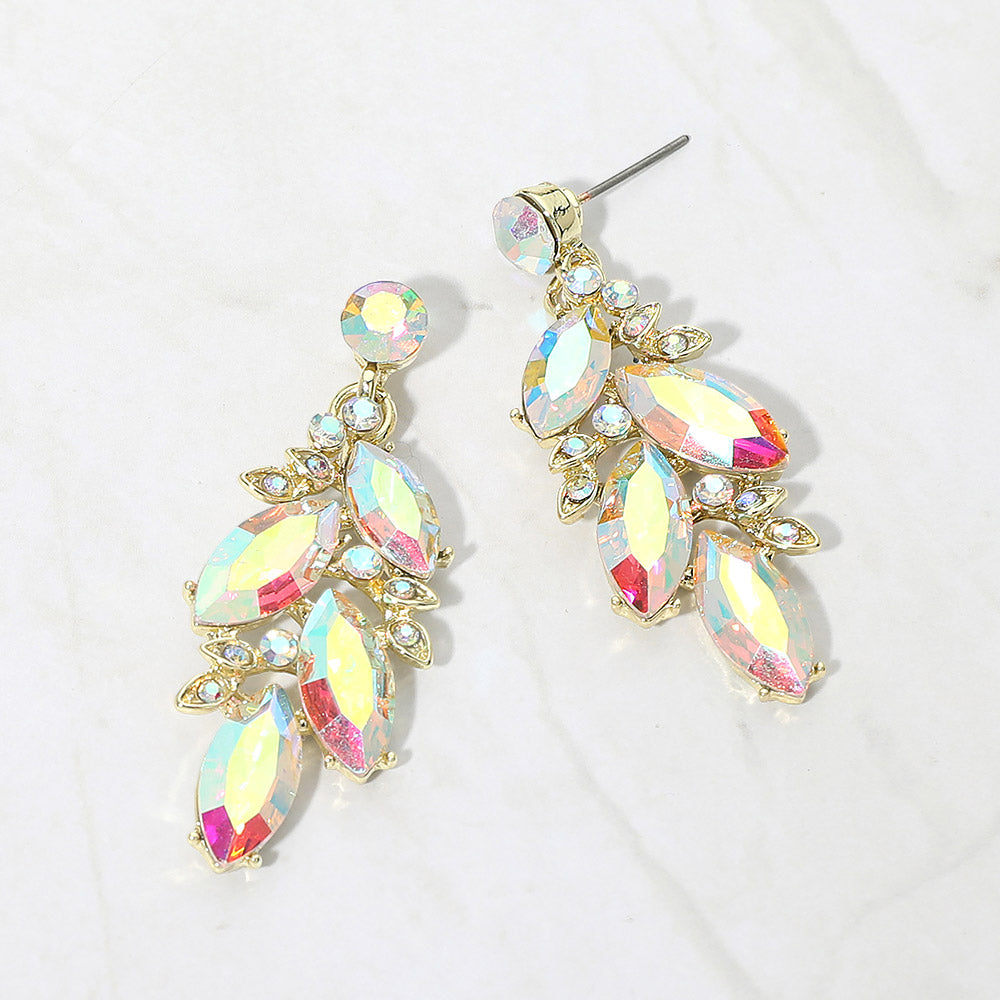 AB marquise stone cluster leaf drop earrings on gold with iridescent stones on white background