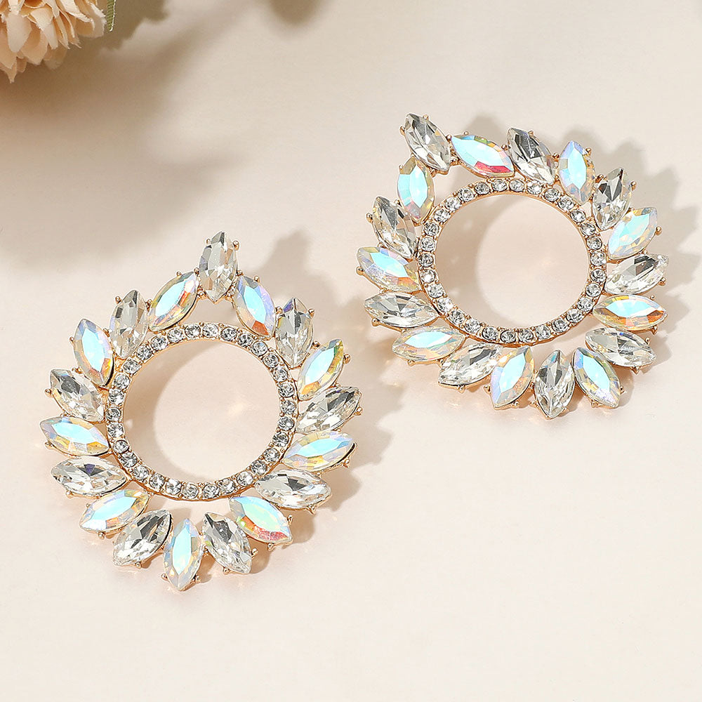 AB marquise stone cluster open circle prom and formal earrings on gold on light background