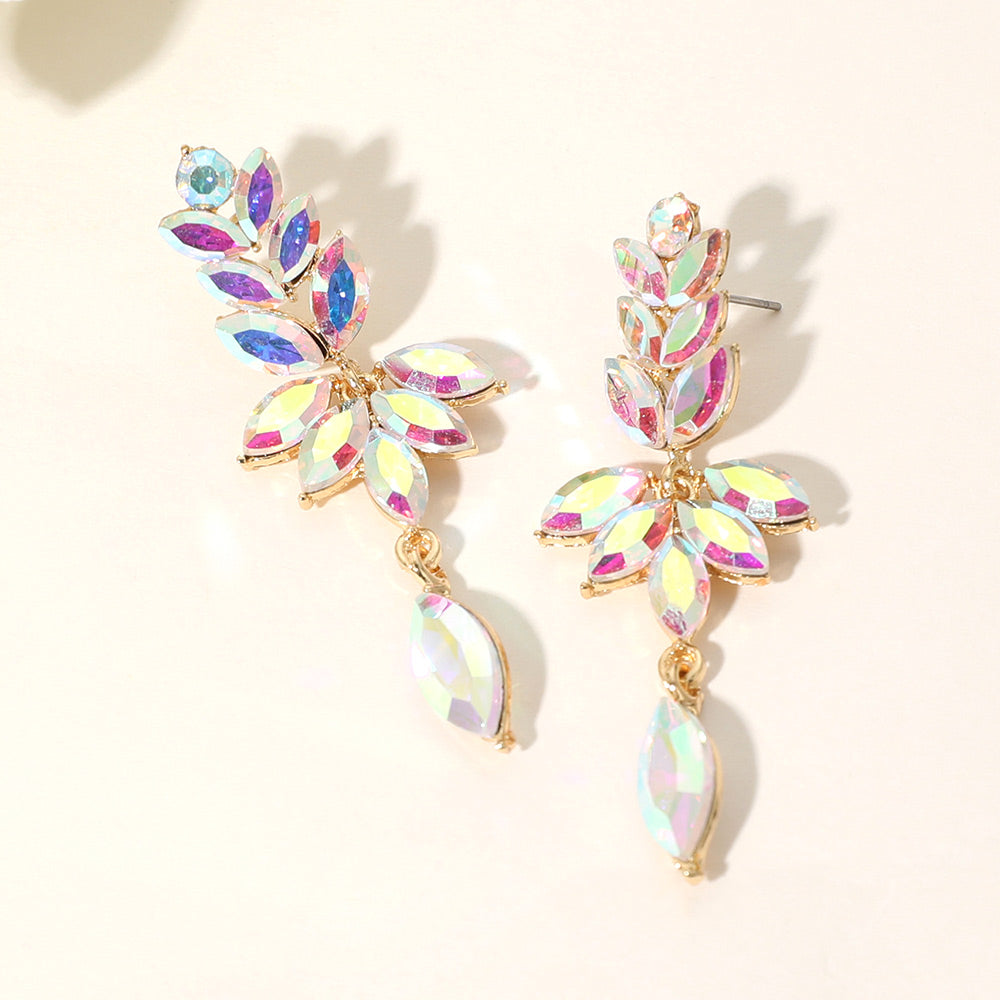 AB Aurora Borealis marquise stone cluster leaf drop earrings on gold with elegant dangling accent, 2.5 inch statement earrings on a light beige background