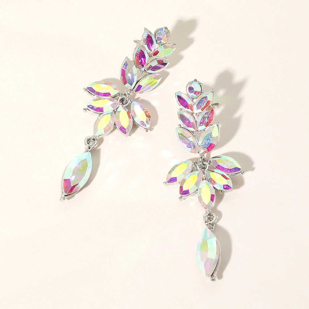 AB Aurora Borealis marquise stone cluster leaf drop earrings on silver with elegant dangling accent, 2.5 inch statement earrings on a light beige background