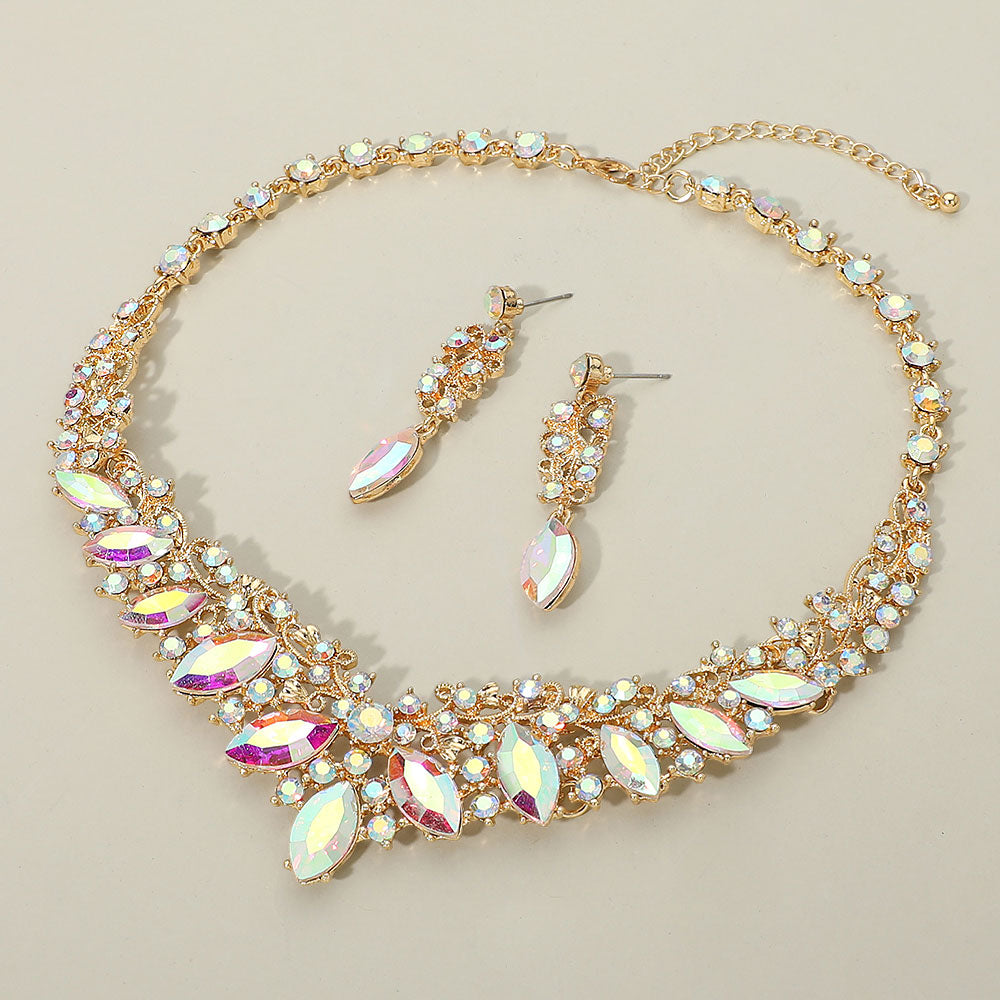 Aurora Borealis (AB) marquise crystal statement necklace set on gold displayed on beige background