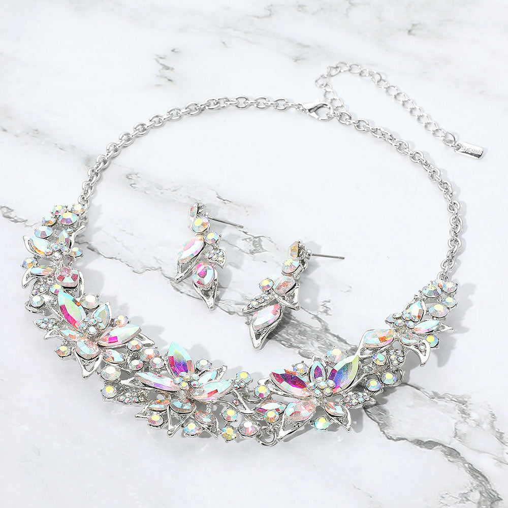 AB crystal collar-bib necklace set with earrings for homecoming, pageants, or stage-ready glamour a grey and white granite background