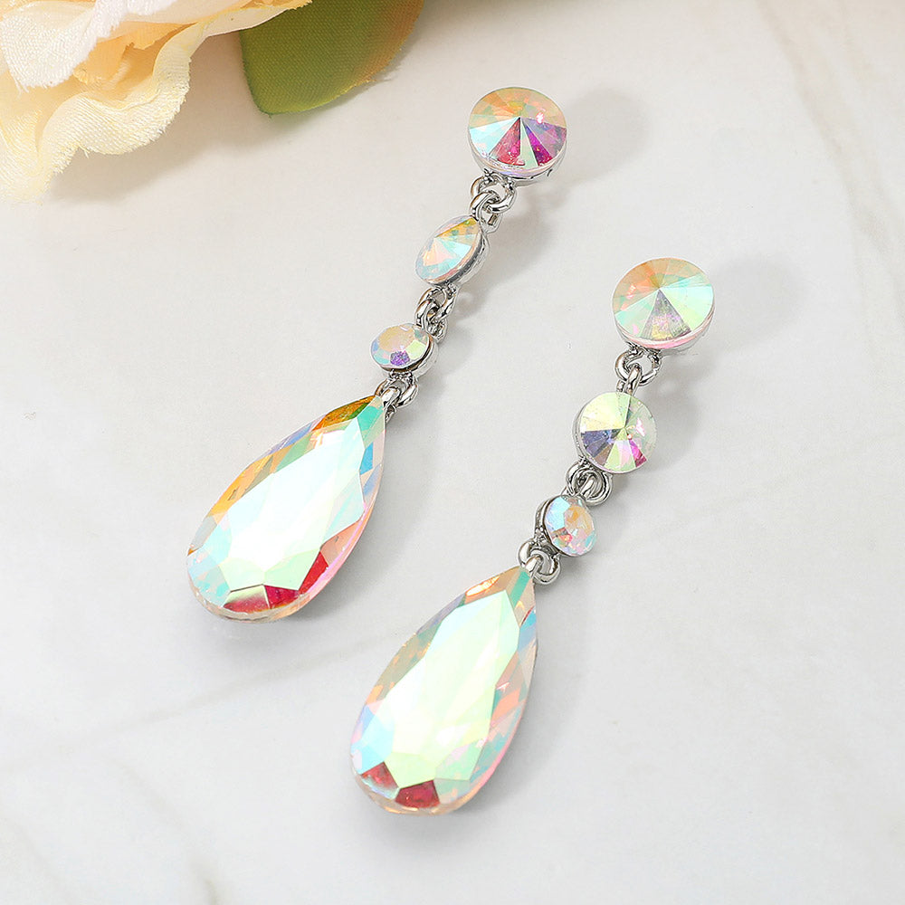 AB rhinestone multi stone dangle earrings with teardrop crystal for prom or pageant on a white background