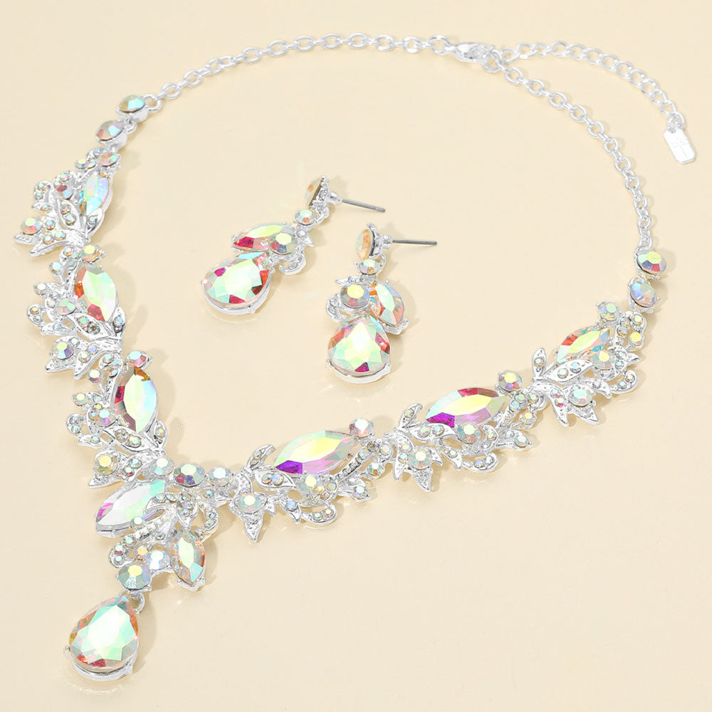 AB Multi Stone Evening Necklace Set Silver backed on a cream background