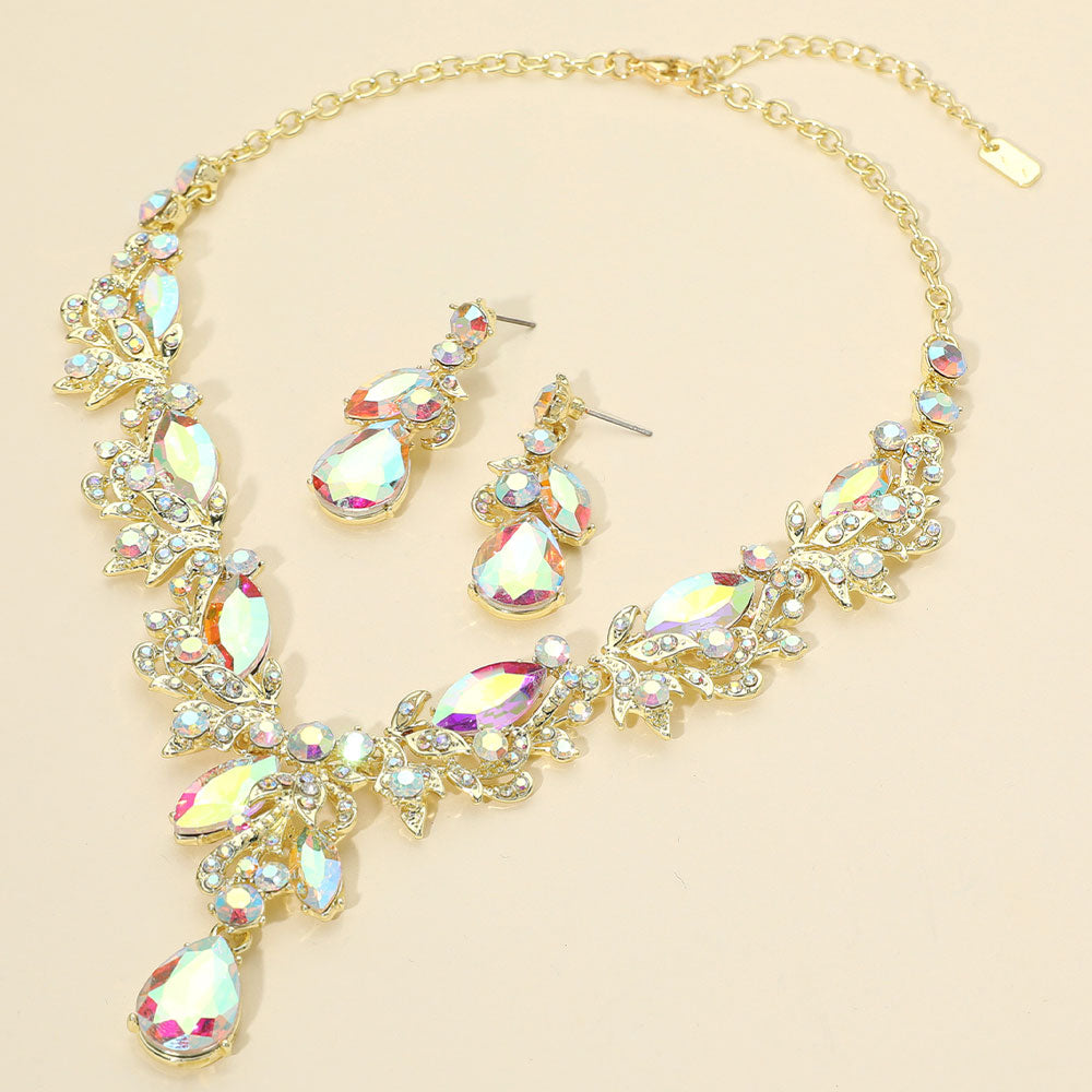 AB Multi Stone Evening Necklace Set gold backed on a cream background