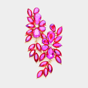 Fuchsia Hot Pink crystal marquise statement earrings on gold with reflective purple AB flashes and a cascading arrangement of faceted marquise stones, displayed on a white background.