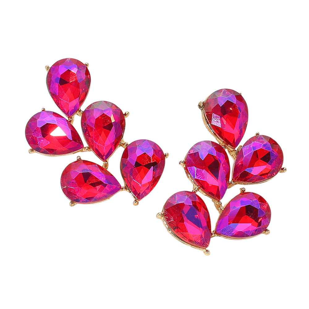 AB Purple Teardrop Stone Cluster Earrings backed in gold on a white background