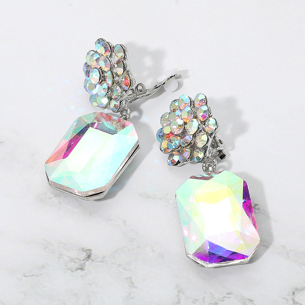 AB Rectangle dangle stone and Rhinestone Cluster Clip On Earrings on a white background 2"