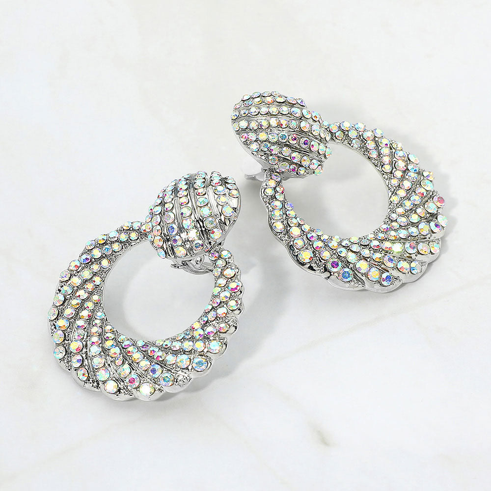 AB rhinestone pavé door knocker clip-on earrings on silver on a white background