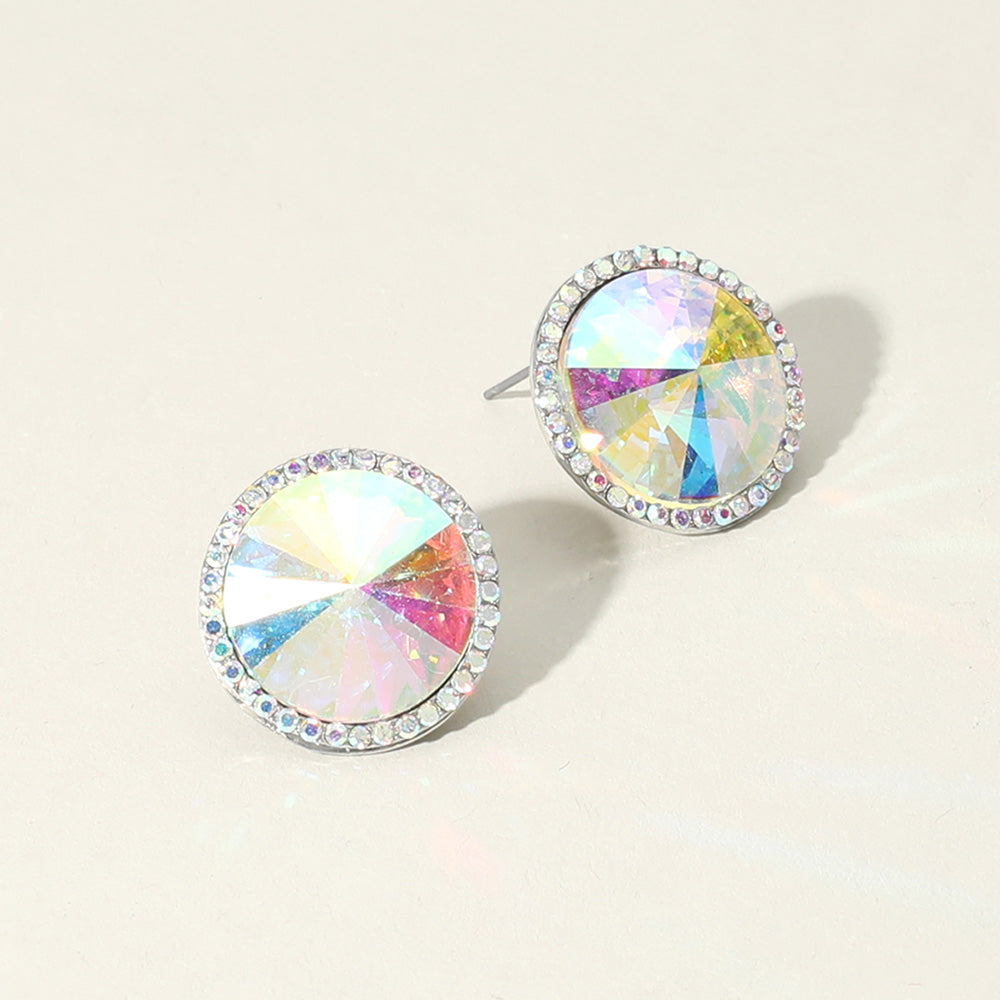 AB round center crystal surrounded by  AB rhinestones stud earrings on silver post on a white background – elegant statement jewelry for prom or pageant looks