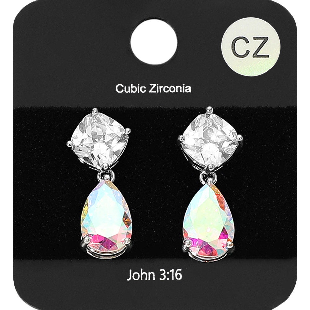 AB teardrop CZ dangle earrings on silver with square clear top stone and iridescent teardrop drop on a black display card background