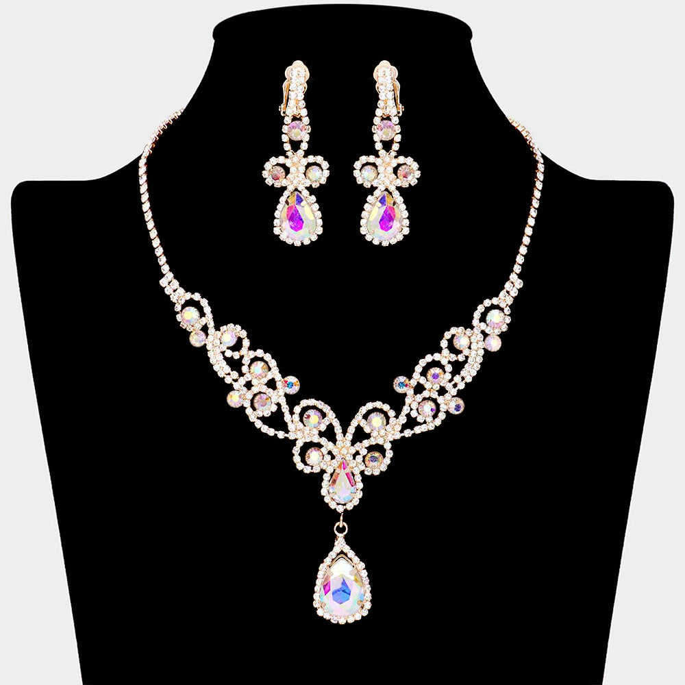 AB teardrop crystal rhinestone vine necklace set with clip-on earrings on black bust