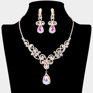 AB teardrop crystal rhinestone vine necklace set with clip-on earrings on black bust