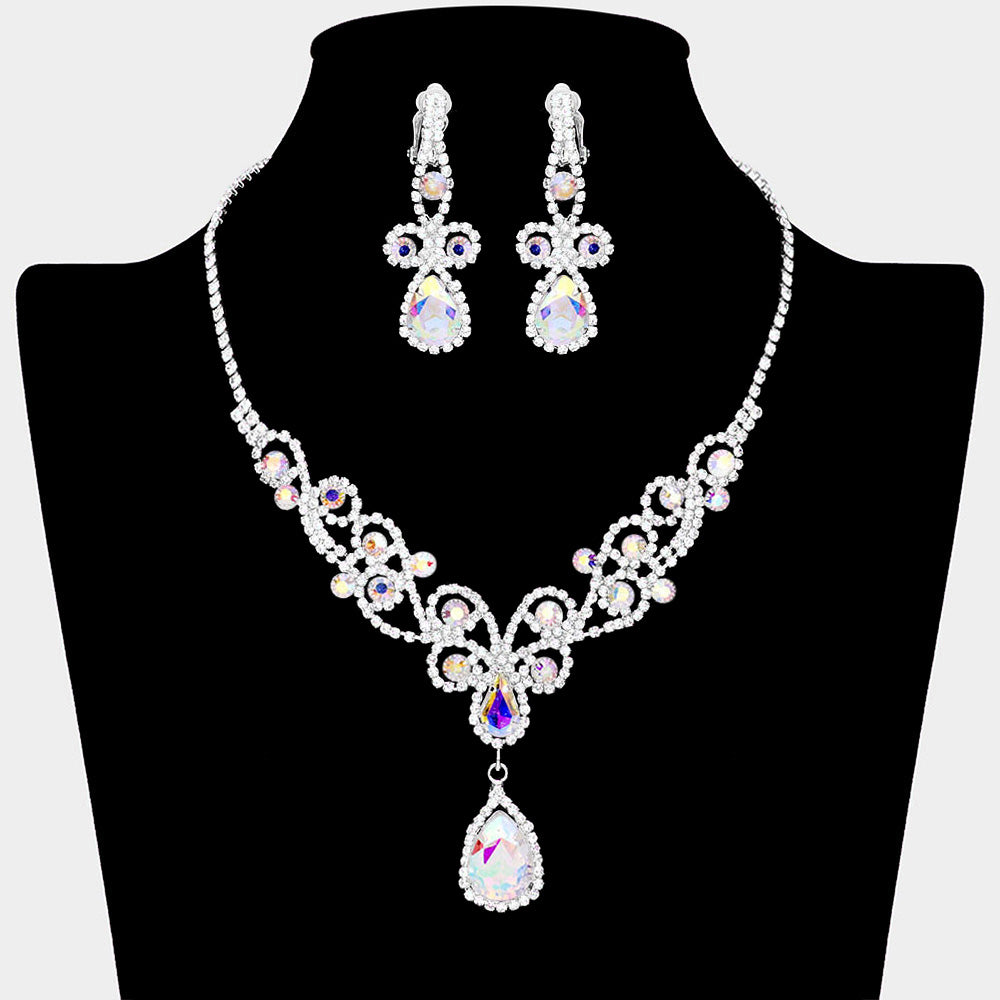 AB teardrop crystal rhinestone vine necklace set with clip-on earrings on black bust