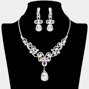 AB teardrop crystal rhinestone vine necklace set with clip-on earrings on black bust