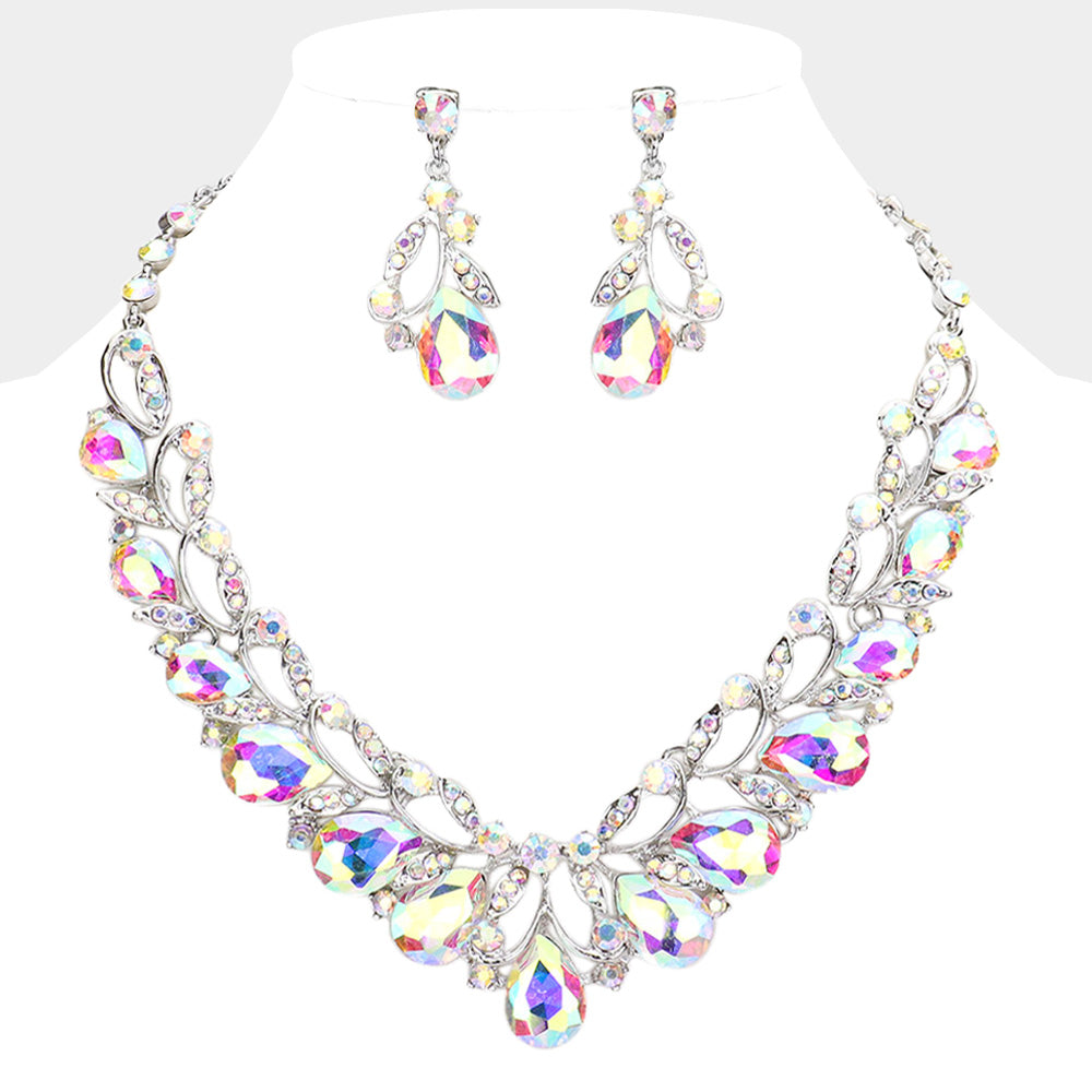 AB teardrop leaf crystal statement necklace set with matching earrings in a silver setting on a white background
