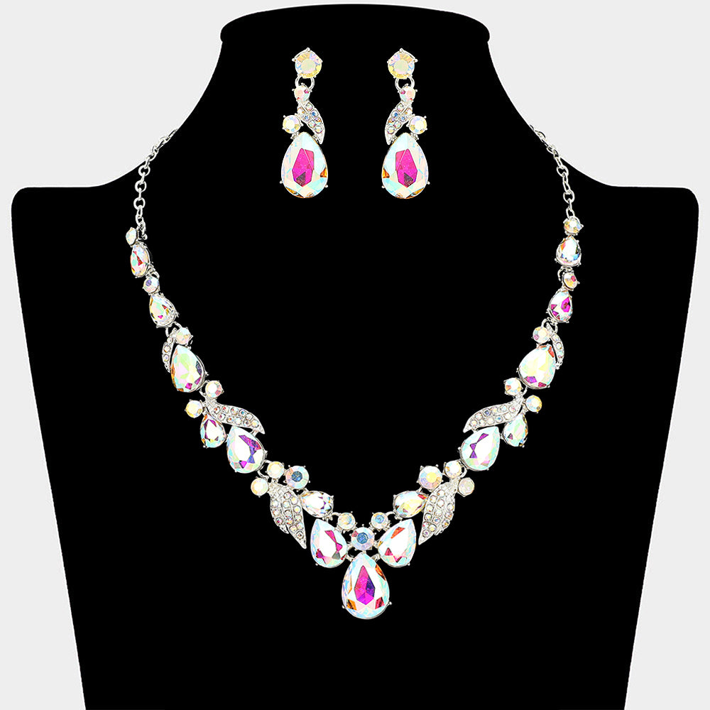 AB teardrop leaf prom necklace set on silver with matching earrings displayed on a black mannequin bust on a white background.