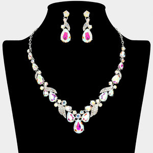 AB teardrop leaf prom necklace set on silver with matching earrings displayed on a black mannequin bust on a white background.