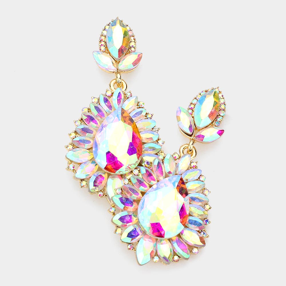 AB teardrop marquise crystal dangle earrings on gold, iridescent statement earrings for evening and prom wear