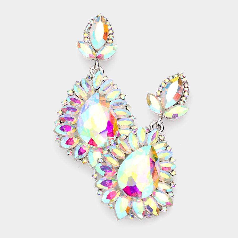 AB teardrop marquise crystal dangle earrings on silver, iridescent statement earrings for evening and prom wear on a white background