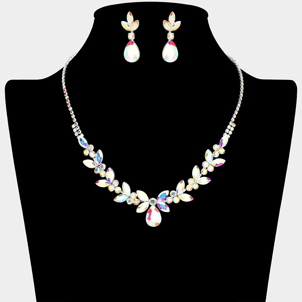 AB teardrop marquise leaf prom necklace set on silver with matching earrings displayed on a black mannequin bust on a white background.