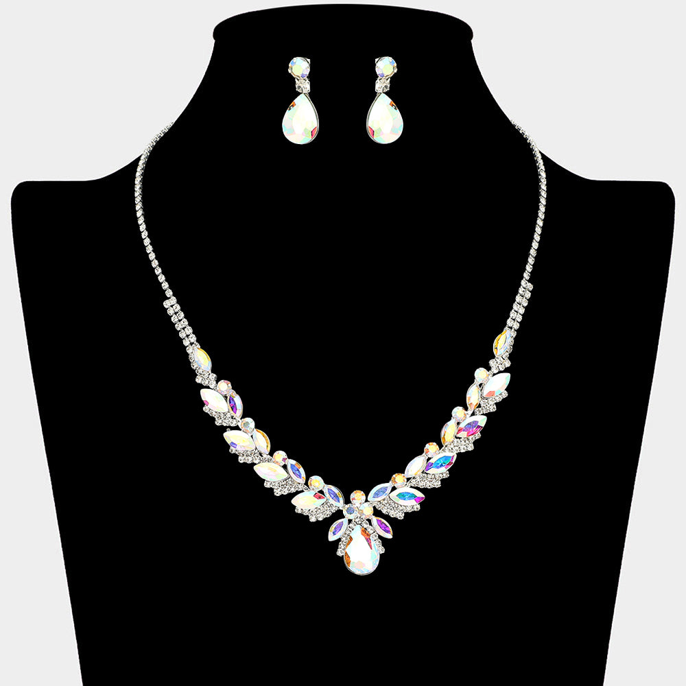 AB teardrop marquise prom necklace set on silver with matching earrings displayed on a black mannequin bust on a white background.